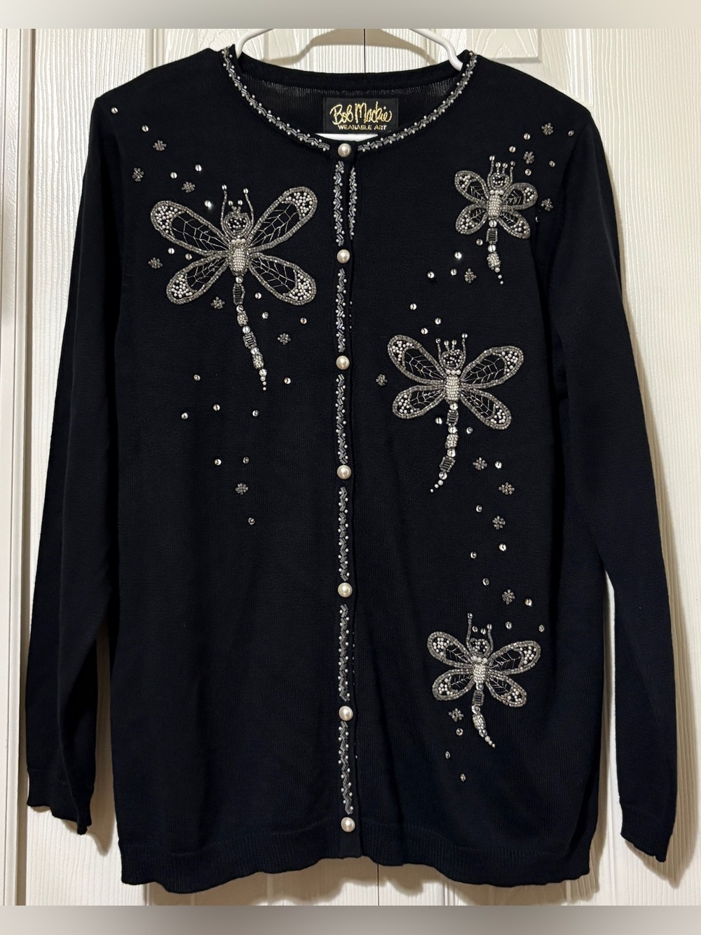 Bob Mackie Wearable Art Black Beaded Dragonfly Button Front Cardigan Sweater S